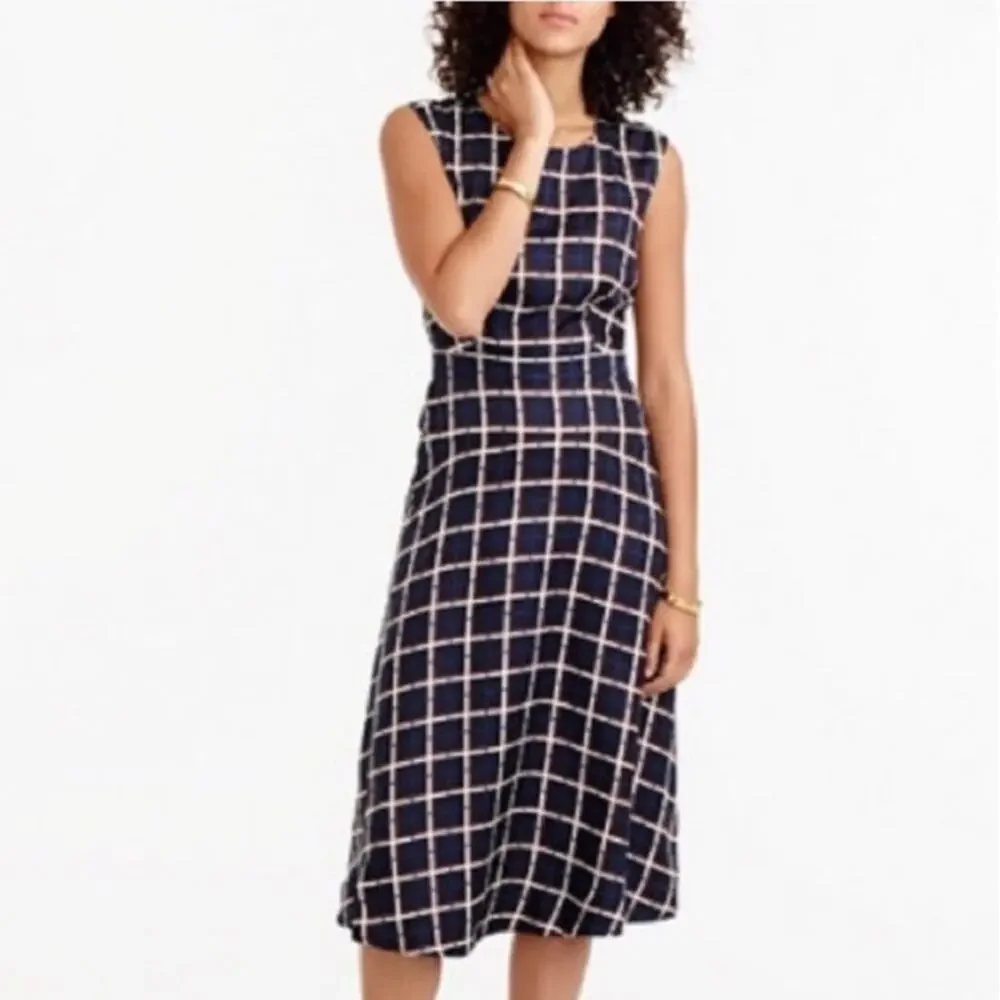 J.Crew Silk Windowpane A-Line Midi Dress Black Tan Navy Jewel Neck Classic 4 NWT